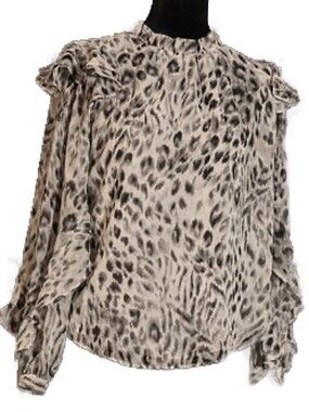 Ann Taylor Petite Leopard Animal Print Ruffle Blouse Size SP High Neck Statement
